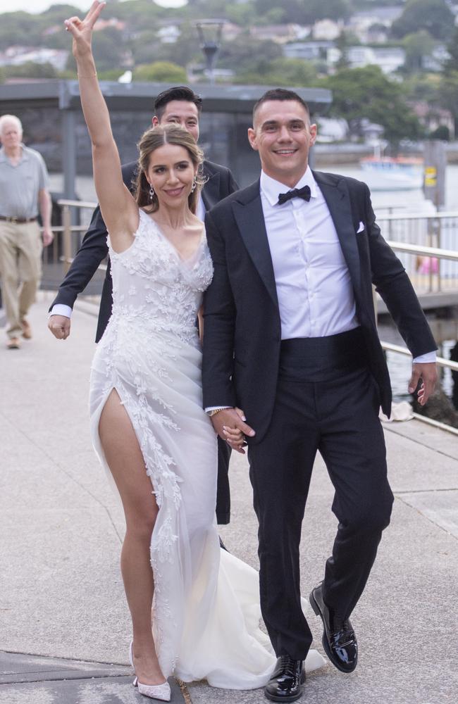 Tim Tszyu and wife Alexandra Constantine arrive at their wedding reception at Catalina in Rose Bay last month. Picture: Jeremy Piper