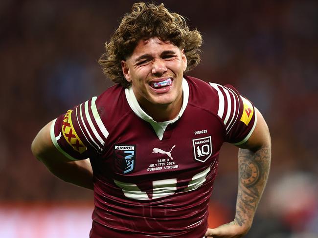 BRISBANE, AUSTRALIA - JULY 17:  Reece Walsh of the Maroons reacts after an injury during game three of the 2024 Men's State of Origin series between Queensland Maroons and New South Wales Blues at Suncorp Stadium on July 17, 2024 in Brisbane, Australia. (Photo by Chris Hyde/Getty Images)