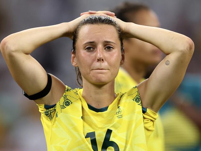 Hayley Raso reacts after the Matildas’ defeat to the United States. Picture: Getty Images