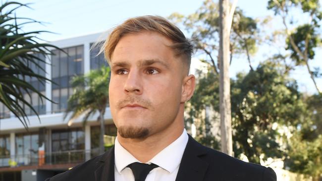 St. George Illawarra Dragons player Jack de Belin arrives at Wollongong Local Court in Wollongong, Tuesday, February 12, 2019. (AAP Image/Dean Lewins) NO ARCHIVING