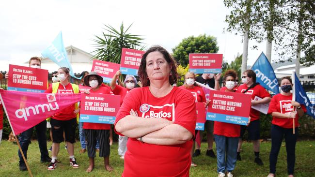 Queensland Nurses and Midwives Union acting regional team leader Krissie Bishop stands united with nurses at the front of a Cairns aged care centre. Picture: Brendan Radke