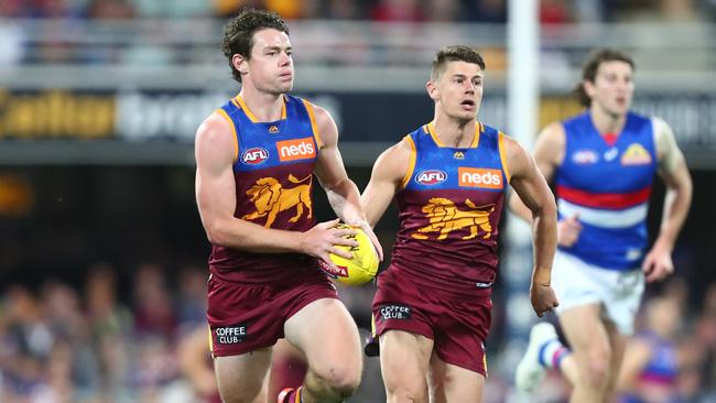 Lachie Neale sends the Lions into attack. Picture: Getty Images