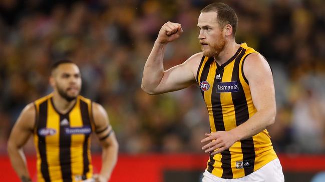 Jarryd Roughead celebrates a goal last year.