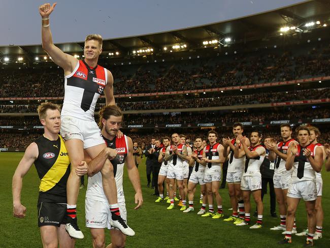 Nick Riewoldt is chaired off after his final AFL game. Picture: Michael Klein