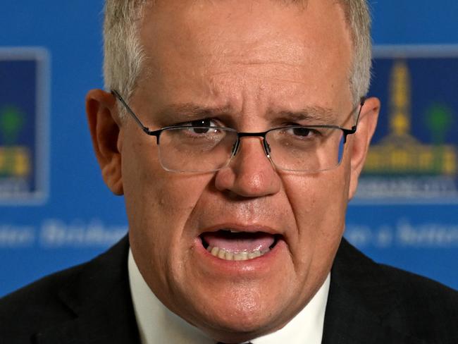 BRISBANE, AUSTRALIA - NewsWire Photos - FEBRUARY 28, 2022.Australian Prime Minister Scott Morrison speaks at a press conference as he visits the Local Disaster Coordination Centre in Brisbane City Council for an update on the floods situation in Queensland.Picture: NCA NewsWire / Dan Peled