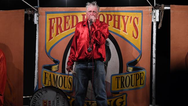 Fred Brophy spruiks his boxing fights in Birdsville, Queensland, in 2019. Picture: Dan Peled