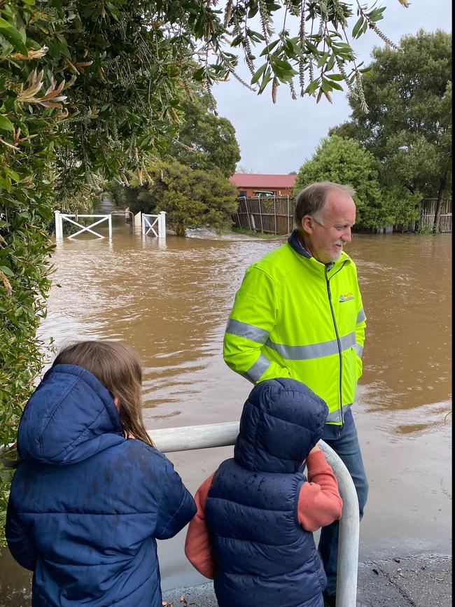 Latrobe Council mayor Peter Freshney in Latrobe with flood waters. Picture: Grant Viney