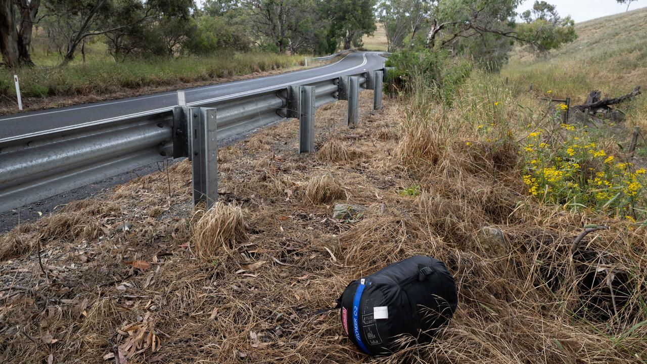 A sleeping bag at the scene near where the ute rolled. Picture: The Advertiser/Morgan Sette