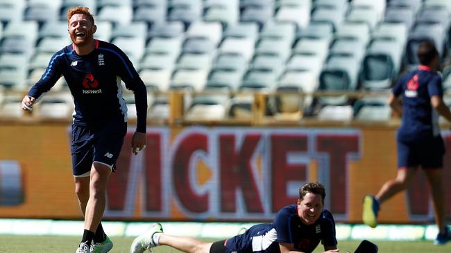 PERTH, AUSTRALIA - DECEMBER 13: Jonny Bairstow and Gary Ballance of England have a laugh while playing soccer during an England nets session ahead of the Third Test of the 2017/18 Ashes Series at the WACA on December 13, 2017 in Perth, Australia.  (Photo by Paul Kane/Getty Images)