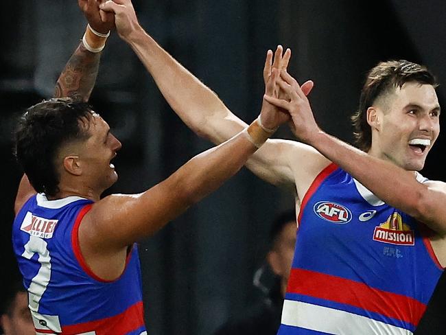 MELBOURNE, AUSTRALIA - MAY 31: Jamarra Ugle-Hagan (left) and Sam Darcy of the Bulldogs celebrate during the 2024 AFL Round 12 match between the Collingwood Magpies and the Adelaide Crows at The Melbourne Cricket Ground on May 31, 2024 in Melbourne, Australia. (Photo by Michael Willson/AFL Photos via Getty Images)