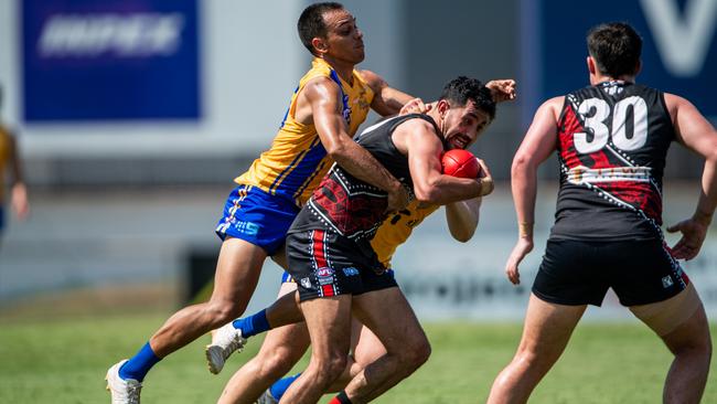 Marlion Pickett playing for the Tiwi Bombers against Wanderers in the opening round of the 2024-25 NTFL season. Picture: Pema Tamang Pakhrin