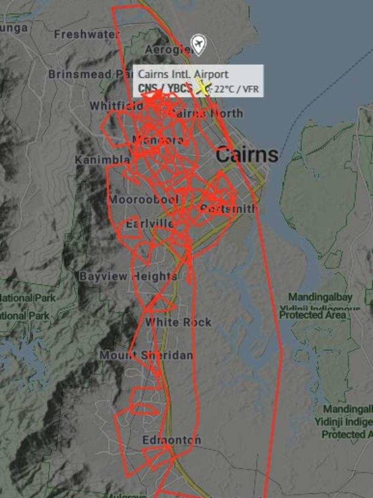 The track of the helicopter from Edmonton north to west Cairns suburbs on Monday. Picture: Supplied