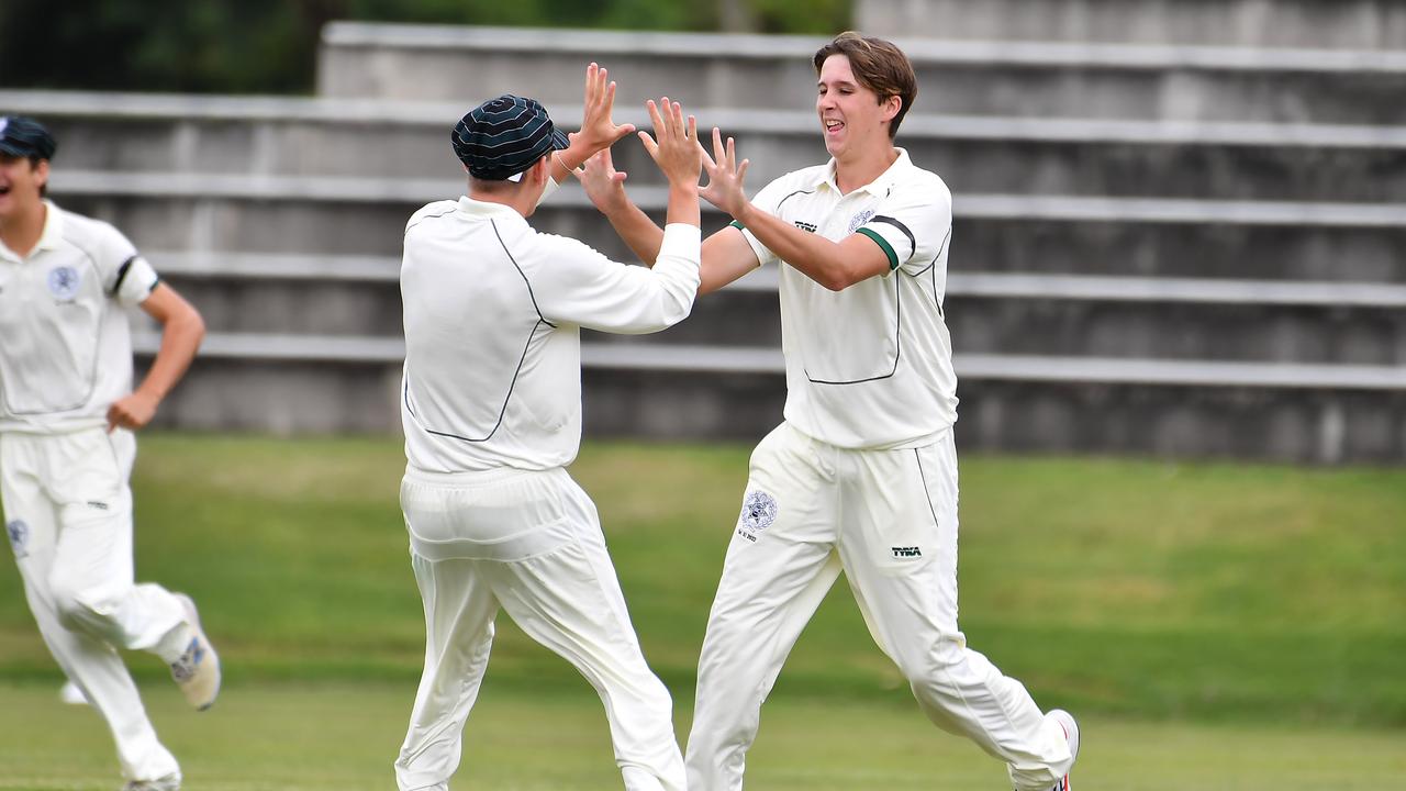 Brisbane Boys College players celebrate a wicket GPS First XI cricket Terrace v Brisbane Boys College. Saturday February 5, 2022. Picture, John Gass