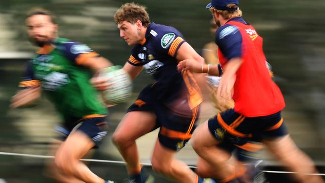 Bayley Kuenzle at Brumbies training on Tuesday. The club is confident they will not have to merge with Melbourne Rebels Picture: Getty Images