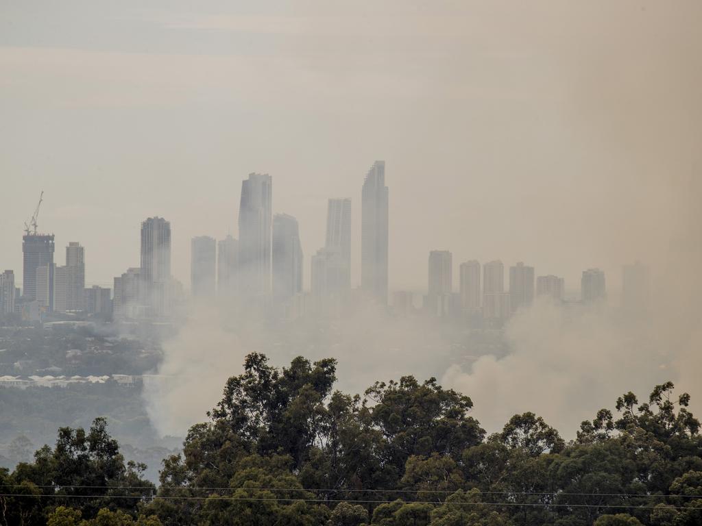 Smoke haze covers the Gold Coast Skyline, Surfers Paradise Skyline, from a grass fire at Carrara. Picture: Jerad Williams