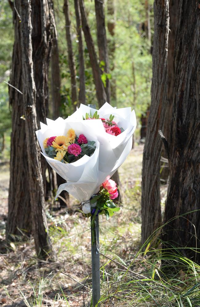 Flowers placed at the scene in a makeshift memorial after the deadly crash. Picture: Lawrence Pinder