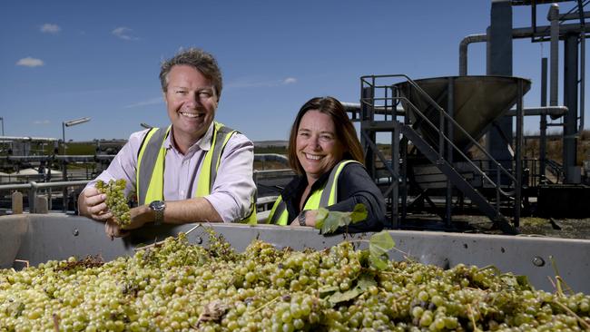 Taylors Wines general manager Clinton Taylor and export supervisor Kaye Oliver at their winery in the Clare Valley. Picture: Naomi Jellicoe