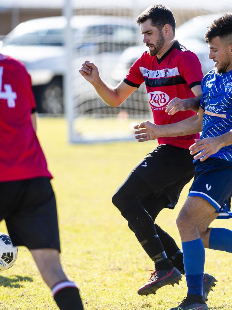 Nick Guymer (left) of Chinchilla Bears and Hussein Qaso of Rockville Rovers in Div 1 Men FQ Darling Downs Presidents Cup football at West Wanderers, Sunday, July 24, 2022. Picture: Kevin Farmer