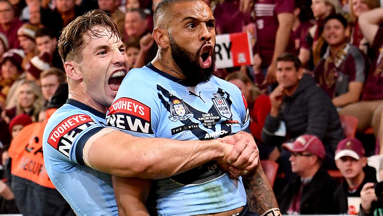 BRISBANE, AUSTRALIA - JUNE 27: Josh Addo-Carr of the Blues celebrates with teammate Cameron Murray after scoring a try during game two of the 2021 State of Origin series between the Queensland Maroons and the New South Wales Blues at Suncorp Stadium on June 27, 2021 in Brisbane, Australia. (Photo by Bradley Kanaris/Getty Images)