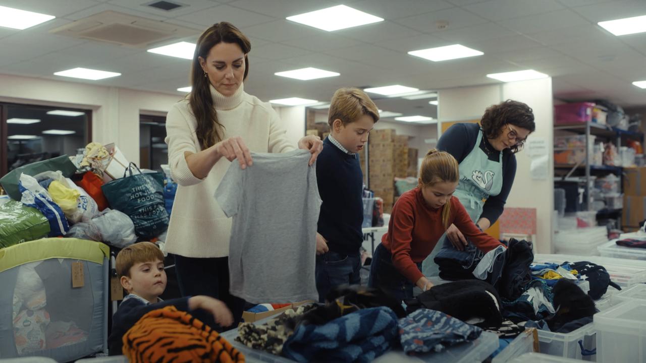 The Princess of Wales launches Christmas Baby Banks initiative with Princes George and Louis and Princess Charlotte. Picture: Kensington Palace/YouTube