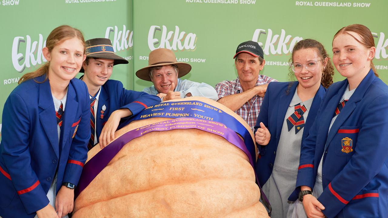 Downlands College agricultural science students smashed pumpkin records at the Ekka's 2024 Giant Pumpkin Competition, weighing in at 368.5kg. Photo: Contributed