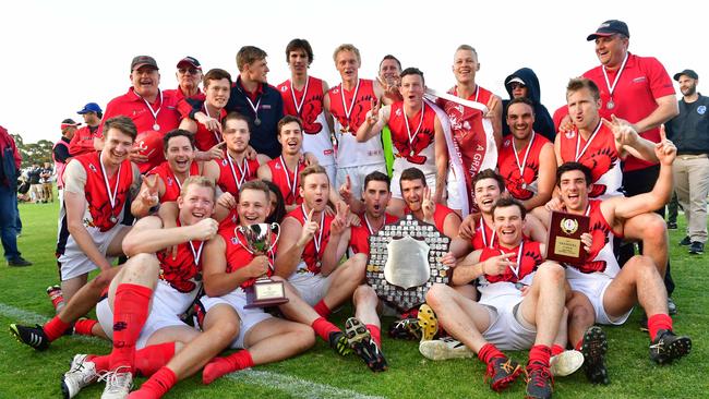 Flagstaff Hill celebrate their SFL: grand final win at Hickinbotham Oval. Picture: AAP/Keryn Stevens