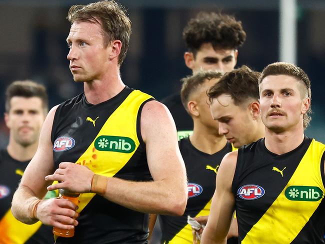 MELBOURNE, AUSTRALIA - MARCH 31: Dylan Grimes of the Tigers looks dejected after a loss during the 2023 AFL Round 03 match between the Collingwood Magpies and the Richmond Tigers at the Melbourne Cricket Ground on March 31, 2023 in Melbourne, Australia. (Photo by Michael Willson/AFL Photos via Getty Images)