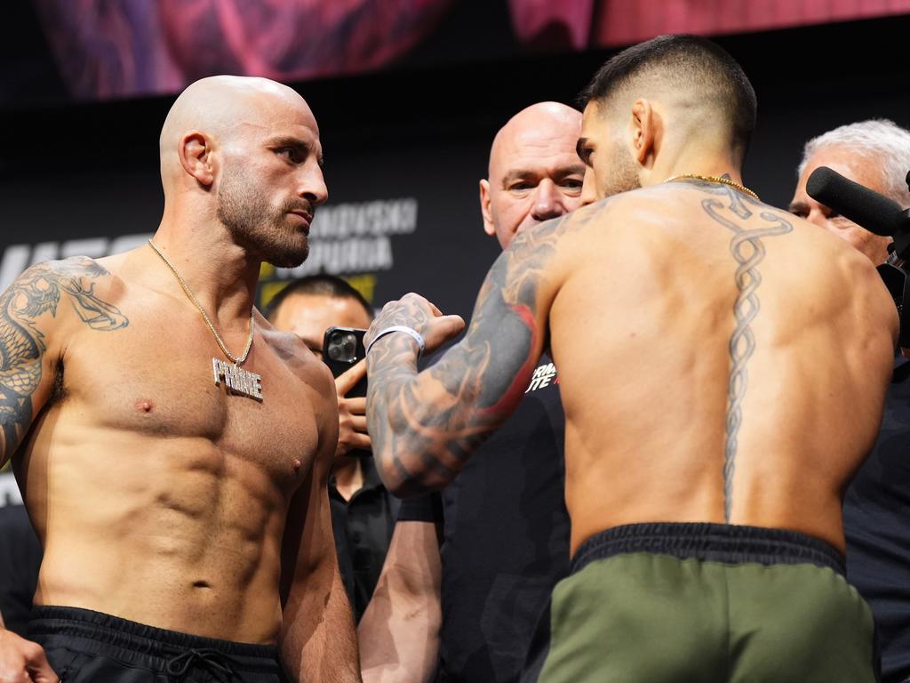 Alex Volkanovski and Ilia Topuria go face-to-face at the weigh-ins. Picture: Cooper Neill/Zuffa LLC via Getty Images