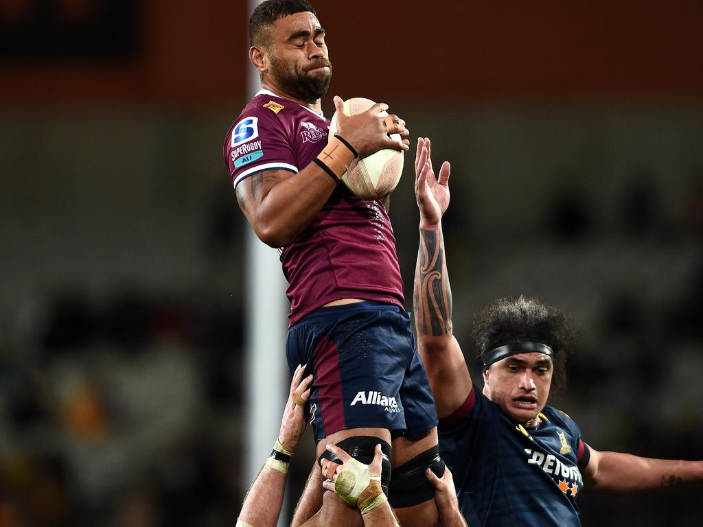 Lukhan Salakaia-Loto rises high to win a lineout for the Reds against the Highlanders. Picture: Joe Allison/Getty Images