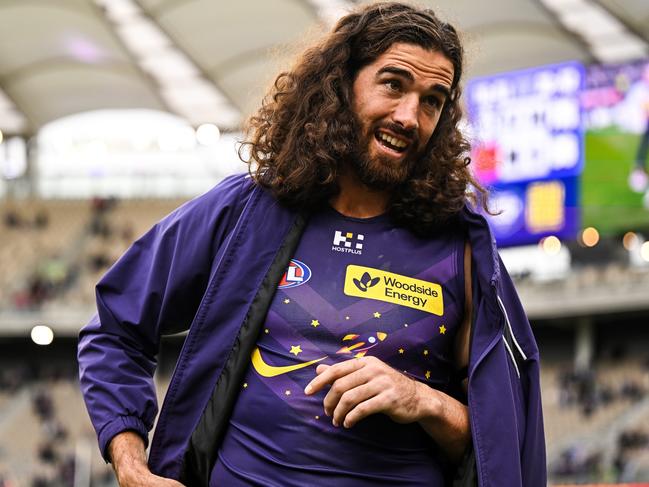 PERTH, AUSTRALIA - JULY 21: Alex Pearce of the Dockers after the win during the 2024 AFL Round 19 match between the Fremantle Dockers and the Melbourne Demons at Optus Stadium on July 21, 2024 in Perth, Australia. (Photo by Daniel Carson/AFL Photos via Getty Images)