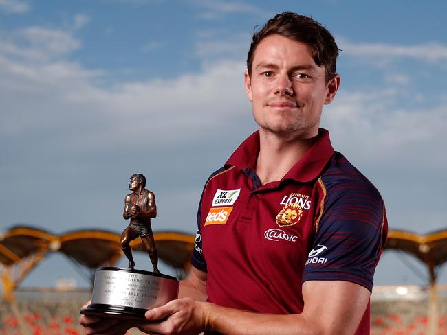 GOLD COAST, AUSTRALIA - SEPTEMBER 23: 2020 AFL Players Association Most Valuable Player Lachie Neale of the Lions poses for a photograph with the Leigh Matthews Trophy during The AFL Awards at Metricon Stadium on September 23, 2020 on the Gold Coast, Australia. (Photo by Michael Willson/AFL Photos via Getty Images)