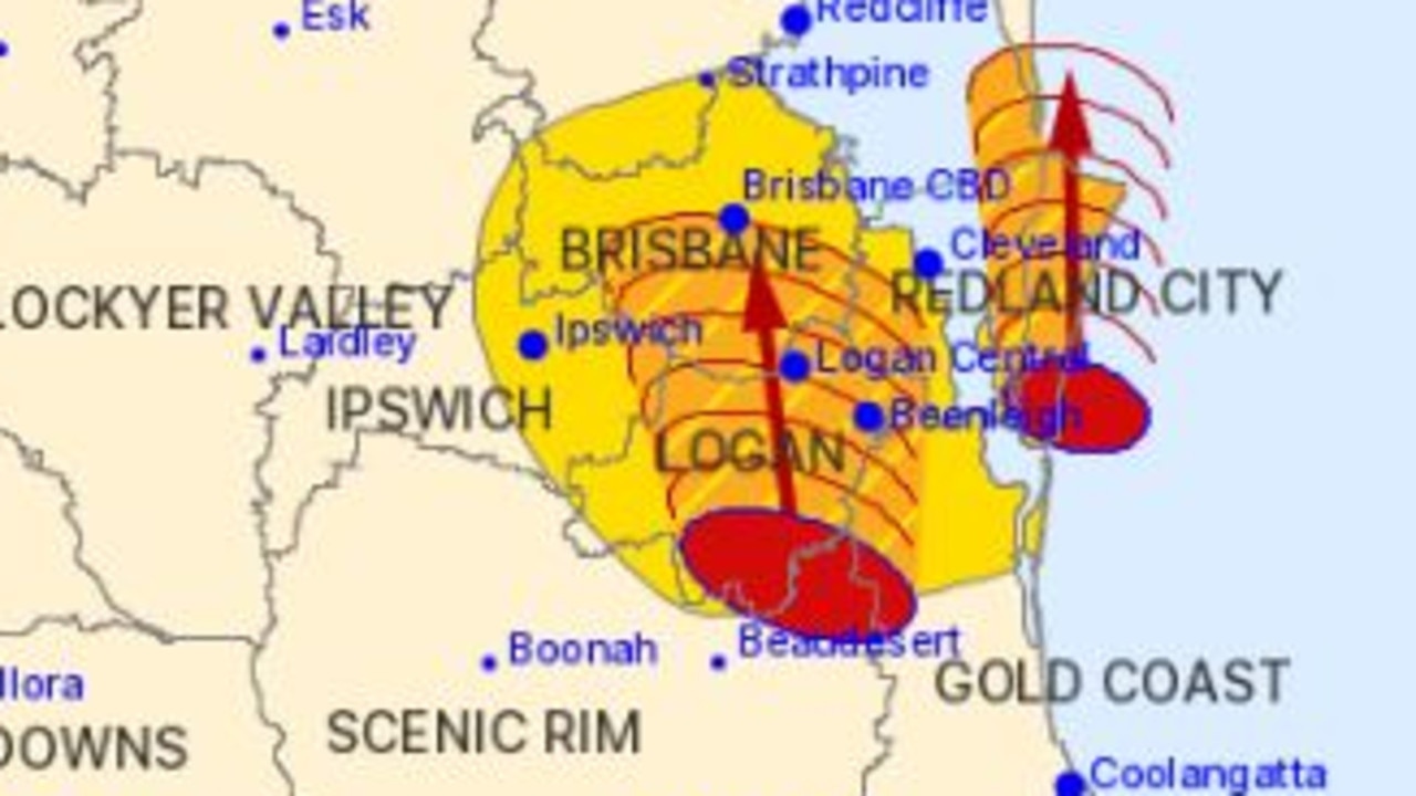 Severe storms are moving north from the Gold Coast toward Brisbane’s CBD.