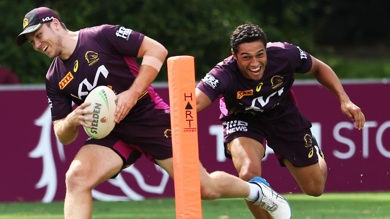 Broncos halves options Billy Walters (left) and Te Maire Martin. Picture: Zak Simmonds