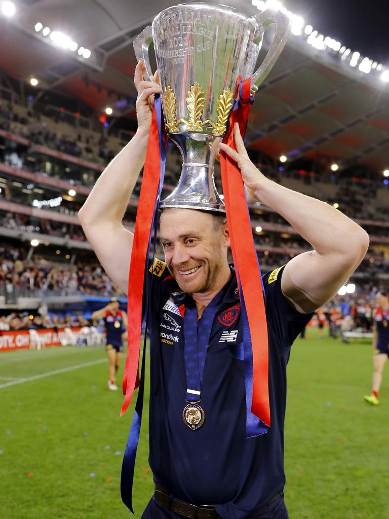 Simon Goodwin celebrates after the 2021 Grand Final. Picture: Dylan Burns/AFL Photos