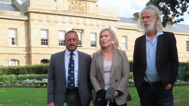 JLN MP Andrew Jenner and independents Kristie Johnston and Craig Garland speak to the media on parliament Lawns in Hobart on Wednesday, March 12, 2025.