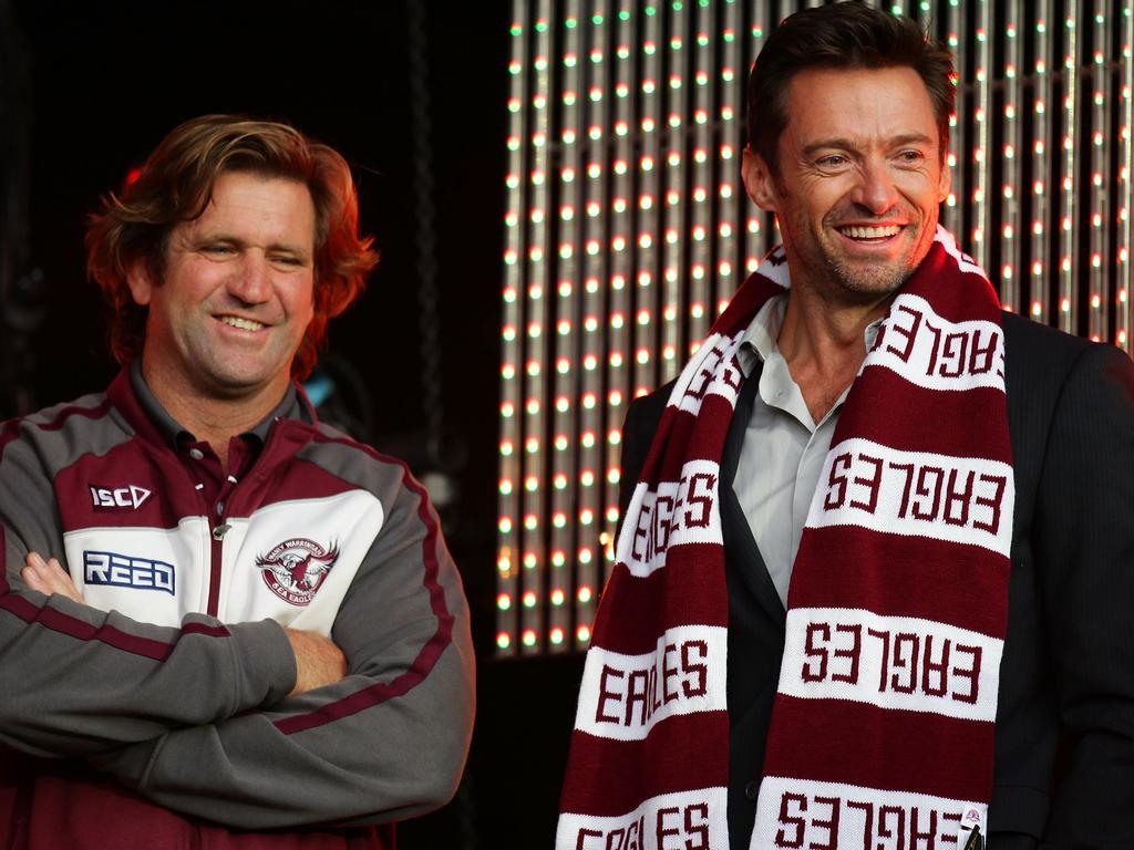 Hugh Jackman and Des Hasler during the glory days at Manly. Picture: Getty