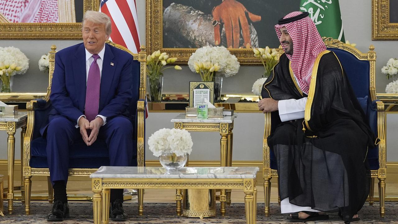 President Donald Trump and Saudi Crown Prince Mohammed bin Salman speak during a coffee ceremony at the Royal Terminal of King Khalid International Airport in Riyadh. Picture: AP