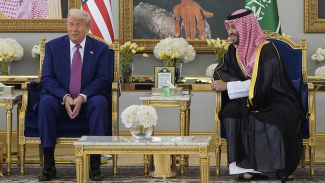 President Donald Trump and Saudi Crown Prince Mohammed bin Salman speak during a coffee ceremony at the Royal Terminal of King Khalid International Airport in Riyadh. Picture: AP