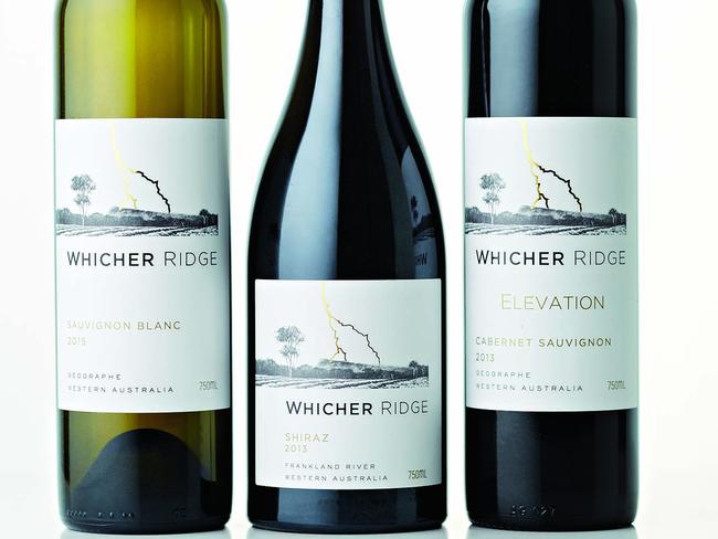 TWAM-20170225 EMBARGO FOR TWAM 25 FEB 2017 NO REUSE WITHOUT PERMISSION 2015 Whicher Ridge Geographe Sauvignon Blanc, 2013 Whicher Ridge Frankland River Shiraz, 2013 Whicher Ridge Elevation Geographe Cabernet Sauvignon Pic : supplied