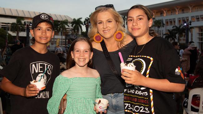 Jack Ritchie, Lily Cruse, Liz Cruse and Milani Ritchie at the Northern Land Council 50 Year Anniversary Concert in State Square, Parliament House, Darwin. Picture: Pema Tamang Pakhrin