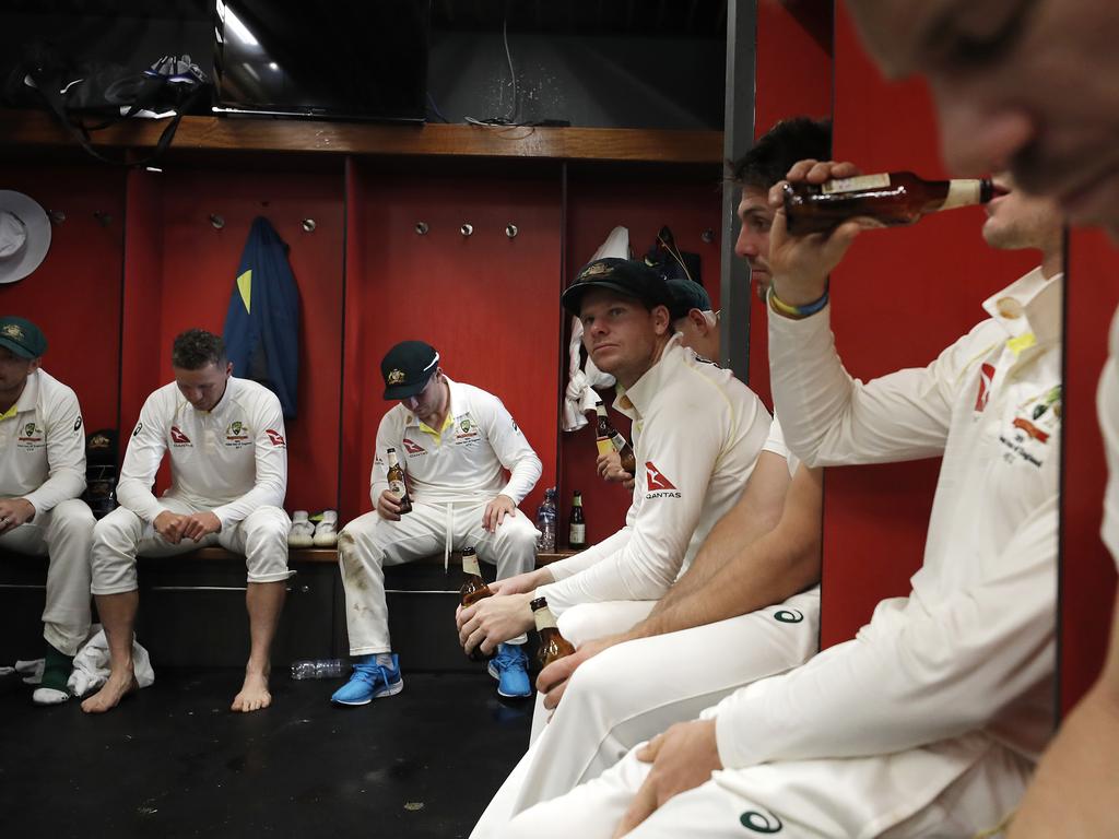 MANCHESTER, ENGLAND - SEPTEMBER 08: Steve Smith of Australia celebrates in the change rooms after Australia claimed victory to retain the Ashes during day five of the 4th Specsavers Test between England and Australia at Old Trafford on September 08, 2019 in Manchester, England. (Photo by Ryan Pierse/Getty Images)