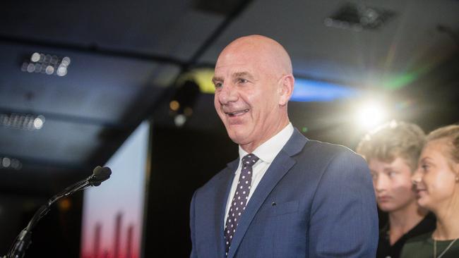 Premier Peter Gutwein gives his speech in the Tally room, Hotel Grand Chancellor. 2021 Tasmanian State Election. Picture: NCA NewsWire / Richard Jupe