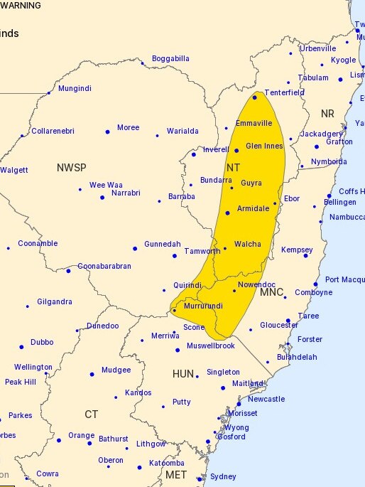 A severe weather warning for damaging winds is in place for parts of Mid North Coast, Hunter and Northern Tablelands Forecast Districts. Picture: Supplied/BOM