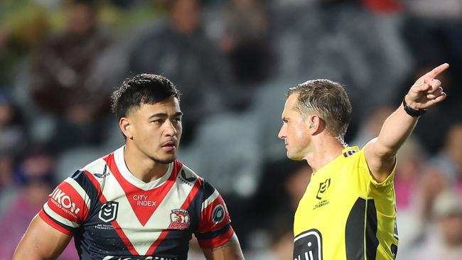 GOSFORD, AUSTRALIA - JUNE 22:  Fetalaiga Pauga of the Roosters is sent of by Referee Grant Atkins during the round 16 NRL match between Sydney Roosters and Canterbury Bulldogs at Industree Group Stadium, on June 22, 2024, in Gosford, Australia. (Photo by Scott Gardiner/Getty Images)