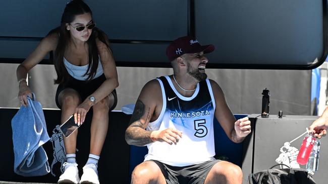 MELBOURNE, AUSTRALIA - JANUARY 11: Nick Kyrgios of Australia with his girlfriend Costeen Hatzi during a practice session ahead of the 2025 Australian Open at Melbourne Park on January 11, 2025 in Melbourne, Australia. (Photo by James D. Morgan/Getty Images)