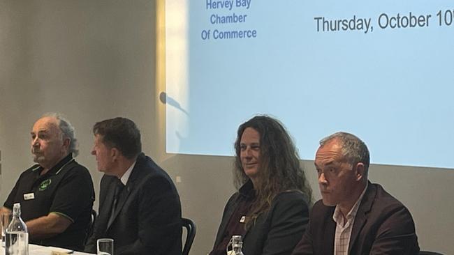 Bec Greenshields of Whalesong acts as MC at the Hervey Bay Meet the Candidates Forum attended by Jeff Knipe (Legalise Cannabis Queensland), David Lee (LNP), Quinn Hendry (One Nation) and Hervey Bay MP Adrian Tantari (Labor).