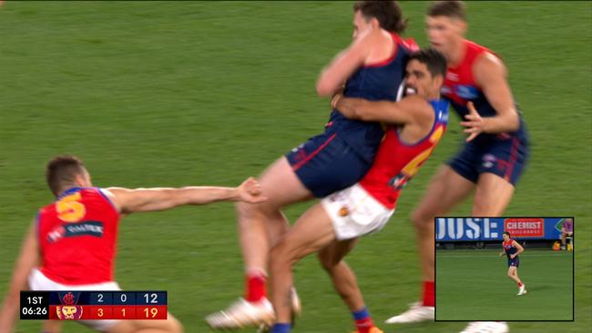 Charlie Cameron lifted Jake Lever in the tackle.