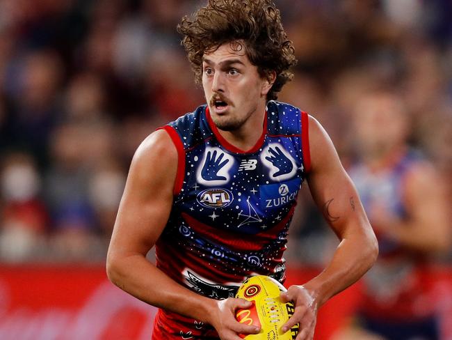 MELBOURNE, AUSTRALIA - MAY 28: Luke Jackson of the Demons in action during the 2022 AFL Round 11 match between the Narrm Demons and the Fremantle Dockers at the Melbourne Cricket Ground on May 28, 2022 in Melbourne, Australia. (Photo by Dylan Burns/AFL Photos via Getty Images)