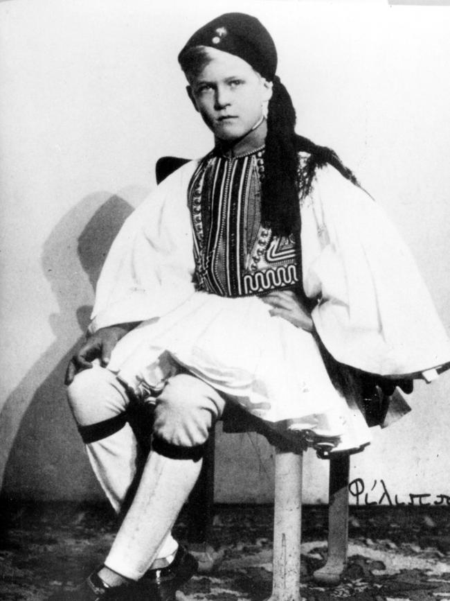 A young Prince Philip poses in traditional Greek costume in an undated photo. After fleeing Greece, his family initially tried to settle in the UK, but with no money were forced to move again to Paris, where they were able to take up residence in a small cottage on an estate belonging to Philip’s uncle and aunt, Prince George of Greece and his wealthy French wife Marie Bonaparte. Picture: UPI