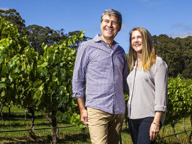 26/02/2021 Former Macquarie banker Richard Price is now the owner of Rill House winery in Macedon pictured in his vineyard with his wife Caroline Aebersold. He is a  now a winemaker. need pics of him and possibly his wife Caroline in the vineyard Aaron Francis/The Australian